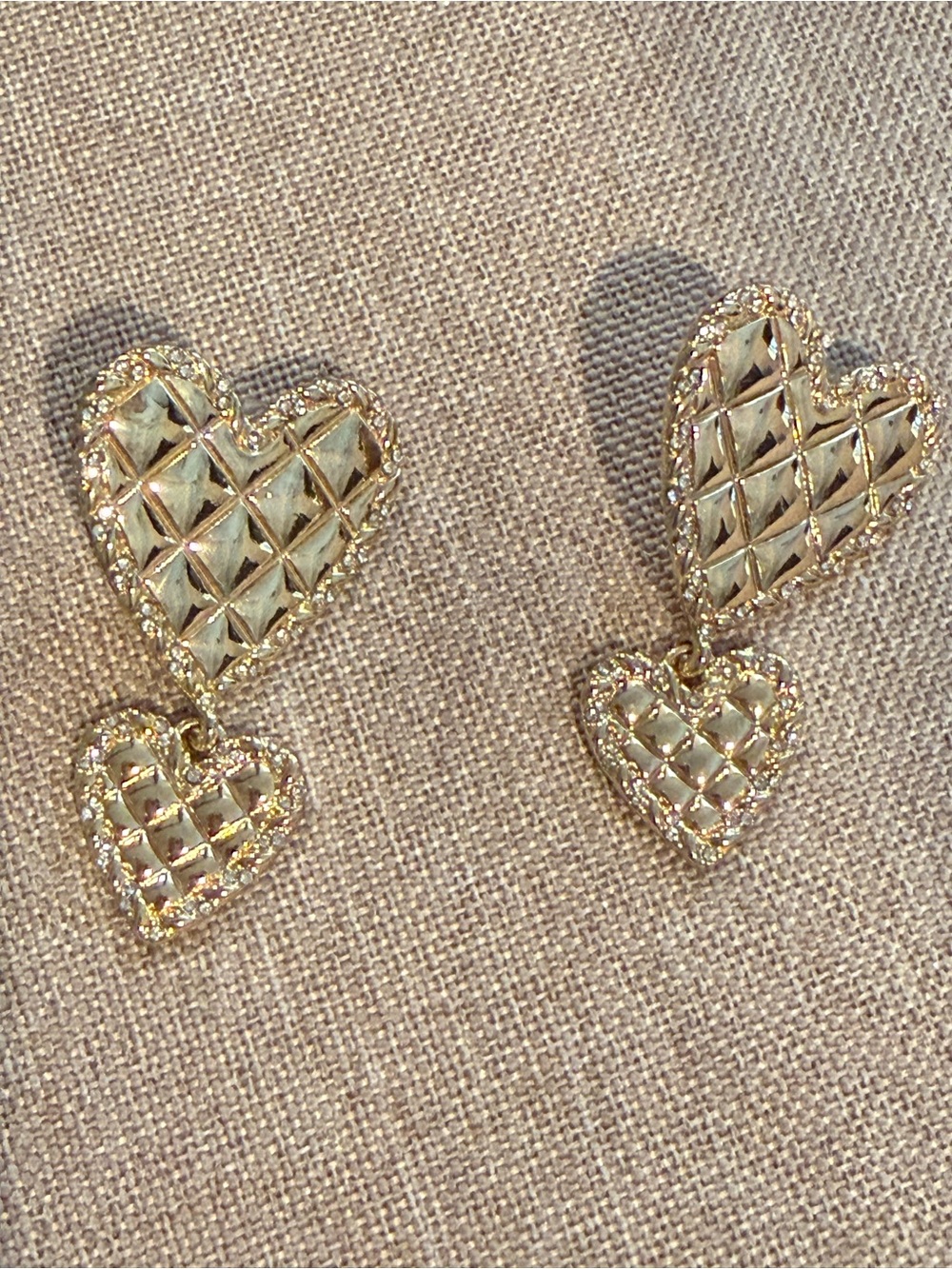 Gold Quilted Double Heart Drop Earrings - Elegant Heart Dangle